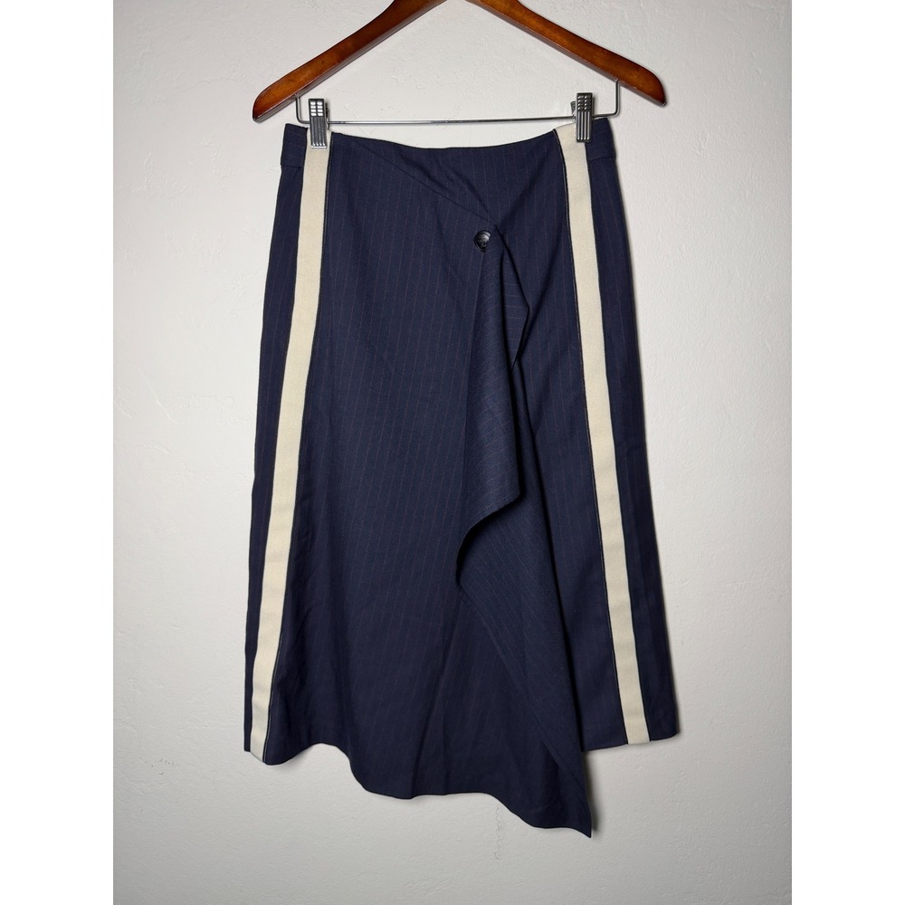 Navy Pinstripe Wrap Midi Skirt with Cream Side Stripes